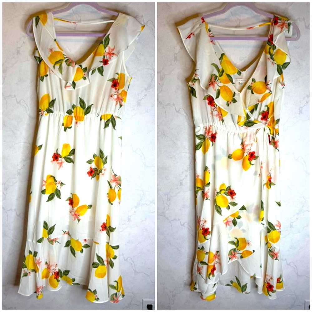 Socialite lemon print chiffon ruffle midi dress